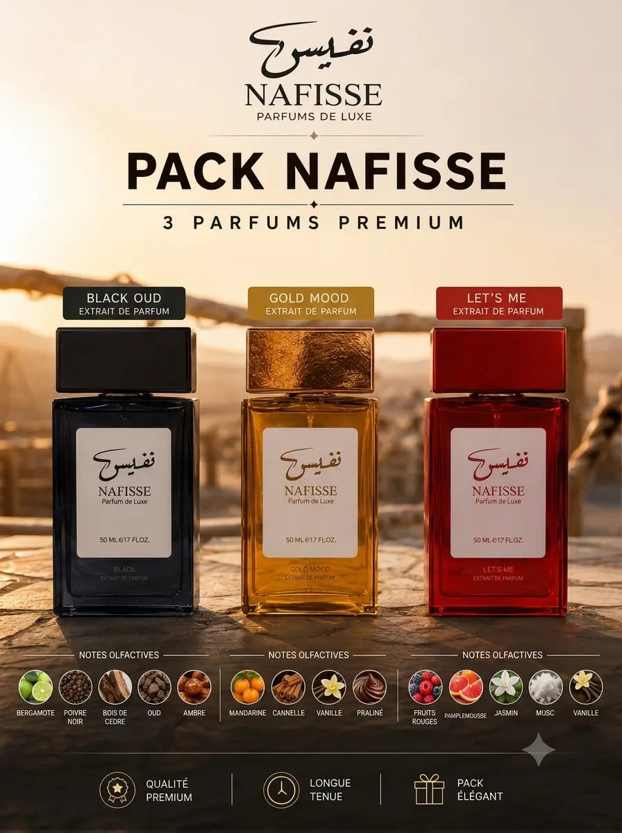 Gamme de fragrances de luxe NAFISSE disposées sur pierre