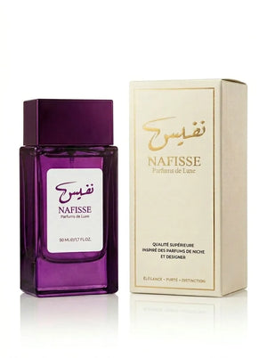 Emballage de parfum femme violet, qualité supérieure pour les parfums inspirés au Maroc par Nafisse.