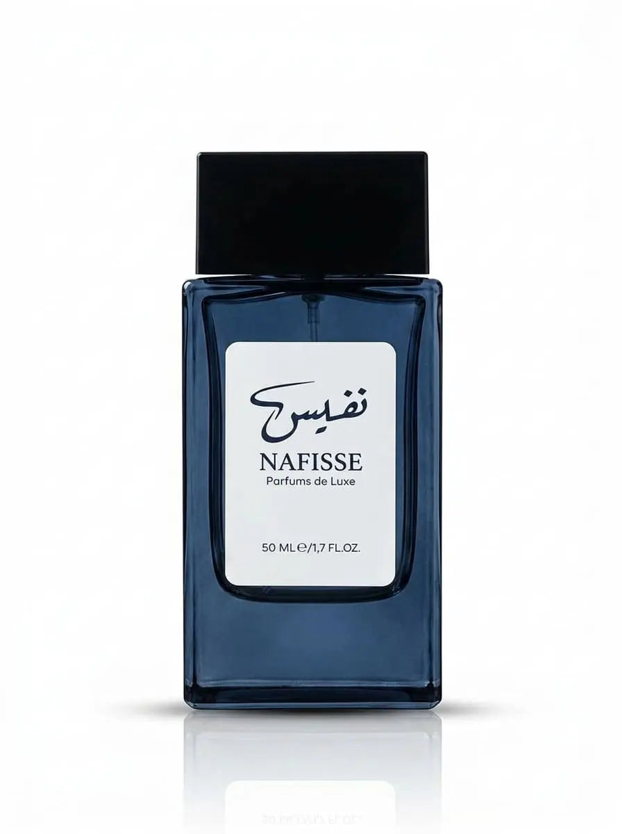 Flacon de parfum homme bleu Nafisse pour usage quotidien, senteur fraîche et durable.