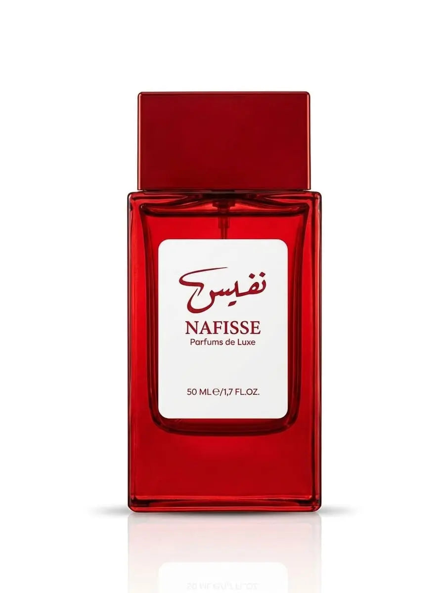 Bouteille de parfum oriental rouge Nafisse, senteur arabe authentique et luxueuse.
